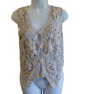 Vintage 90s One Step Up Hand Knit Crochet Lace Vest Beige Floral Boho Womens O/S